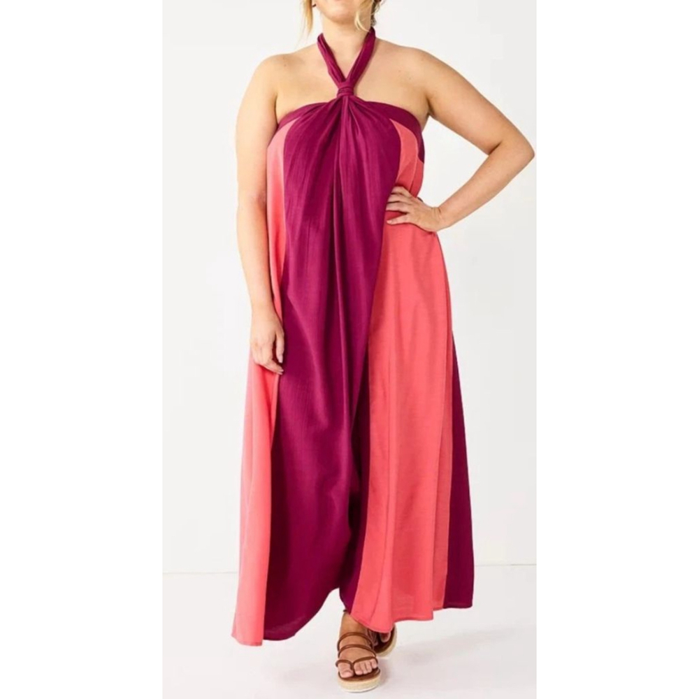 Women's Nine West Halter Colorblock Maxi Dress in Coral and Burgundy, Size L - Picture 8 of 8